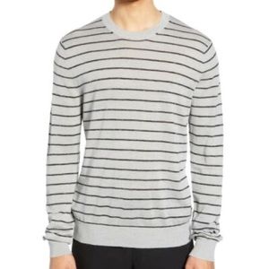 Vince Mens Stripe Crewneck Wool & Linen Sweater Medium Heather Grey Blue $225